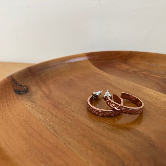 Copper Textured Stud Earrings Open Hoop Small 3/4" - Picture 6 of 7